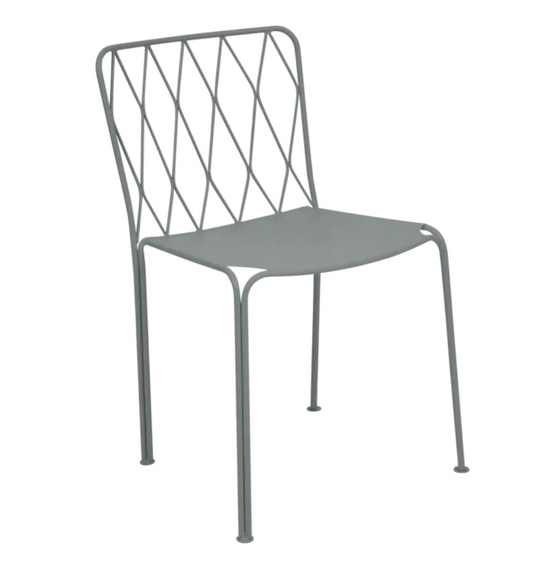 Stackable Fermob Kintbury outdoor metal chair in lapili grey, suitable for restaurant or garden outdoor furniture.