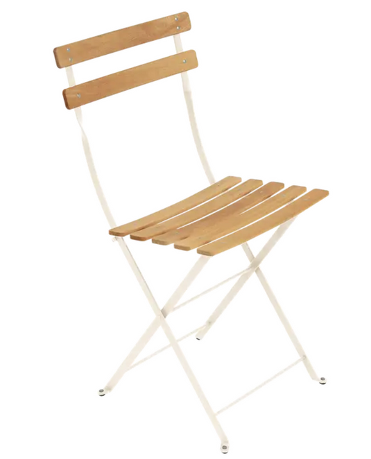 Fermob Bistro Natural folding chair with beige wood and metal frame, suitable for outdoor furniture.