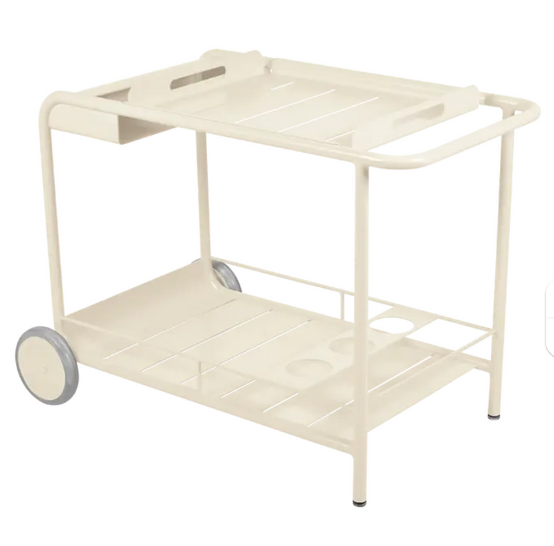 Load image into Gallery viewer, Latte beige Fermob Luxembourg Side Bar trolley with wheels, ideal for restaurant terrace drinks service, portable and stylish.
