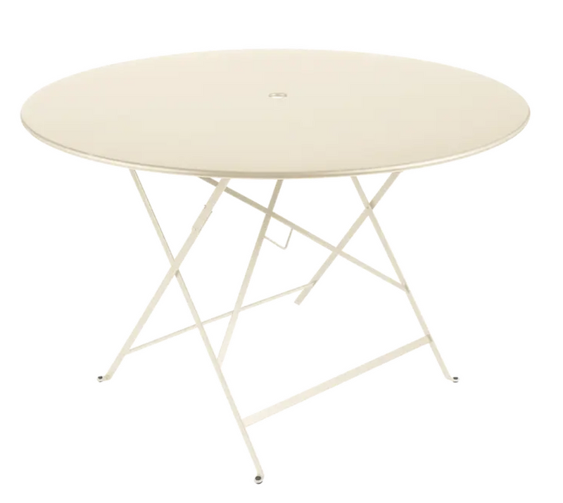 Load image into Gallery viewer, Large round Fermob Bistro Table Ø117cm in latte beige, outdoor metal six-seater dining table for patio or garden.
