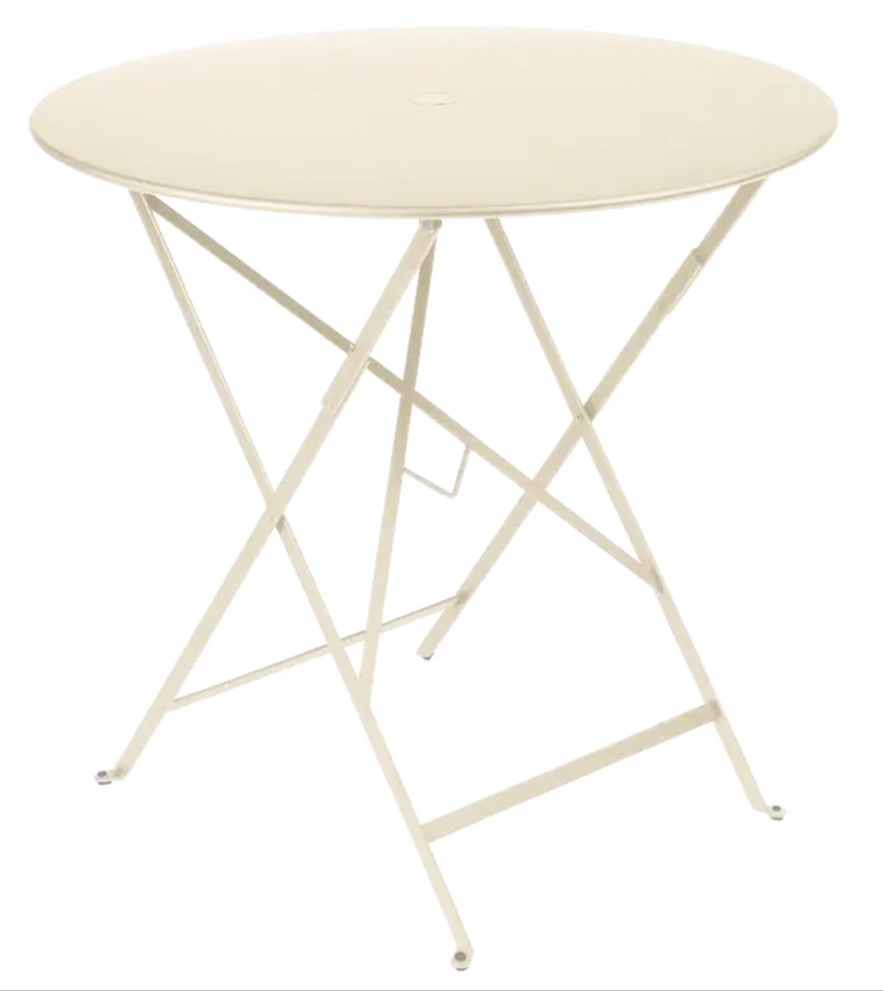 Load image into Gallery viewer, Fermob Bistro round folding table, 77cm diameter, latte beige outdoor cafe table with metal surface for four seats.
