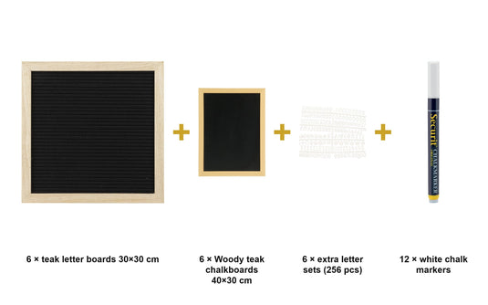 Letter Board & Chalkboard Gallery Wall Set - 6 Teak Letter Boards + 6 Woody Chalkboards + Letters + White Chalk Markers - what is in the set
