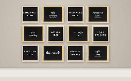 Letter Board & Chalkboard Gallery Wall Set - 6 Teak Letter Boards + 6 Woody Chalkboards + Letters + White Chalk Markers - what is in the set