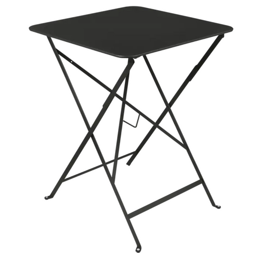 Black Fermob metal foldable bistro table, 57x57 inches, suitable for outdoor use, with a sleek and compact design.