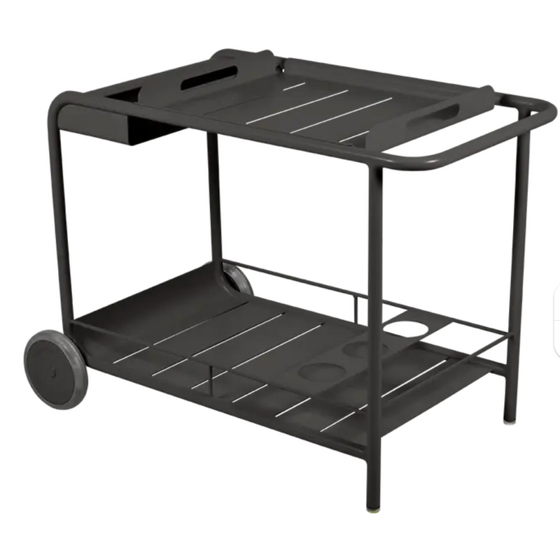 Load image into Gallery viewer, Fermob Luxembourg Side Bar Trolley with wheels, designed for restaurant terrace drinks service, liquorice color, sturdy metal construction.
