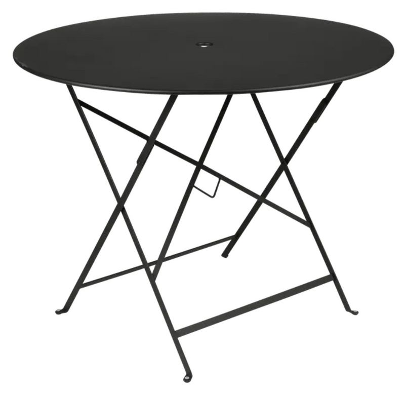 Load image into Gallery viewer, Fermob liquorice deep black round bistro table, outdoor metal dining table with Ø 96cm for 4 to 5 seats.
