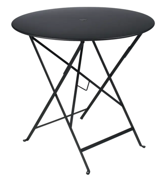 Fermob Bistro Round Folding Table Ø77cm in liquorice color, outdoor metal table for four with compact design.