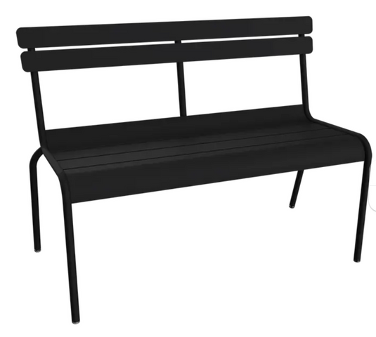 Luxembourg 2/3-seater outdoor bench with backrest by Fermob, featuring a liquorice finish, suitable for indoor or outdoor use.