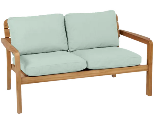 Vlaemynck Lodge solid teak 2-seater outdoor sofa with cushioned seating, perfect for garden or patio relaxation.