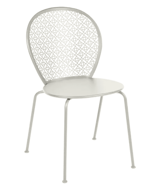 Clay grey Fermob Lorette outdoor metal chair with a curved back and slim legs, suitable for garden or patio seating.