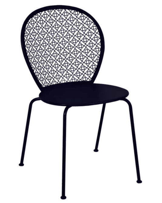 Deep blue Fermob Lorette metal outdoor chair with curved back and armrests, stylishly designed for outdoor patio or garden use.