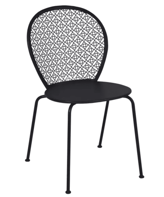 Colorful Fermob Lorette Chair, outdoor metal chair with Liquorice finish, designed for stylish outdoor furniture use.