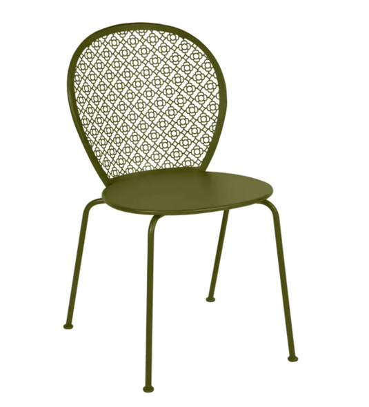 Colorful Fermob Lorette Chair made of metal, designed for outdoor use, featuring a vibrant pesto green finish.