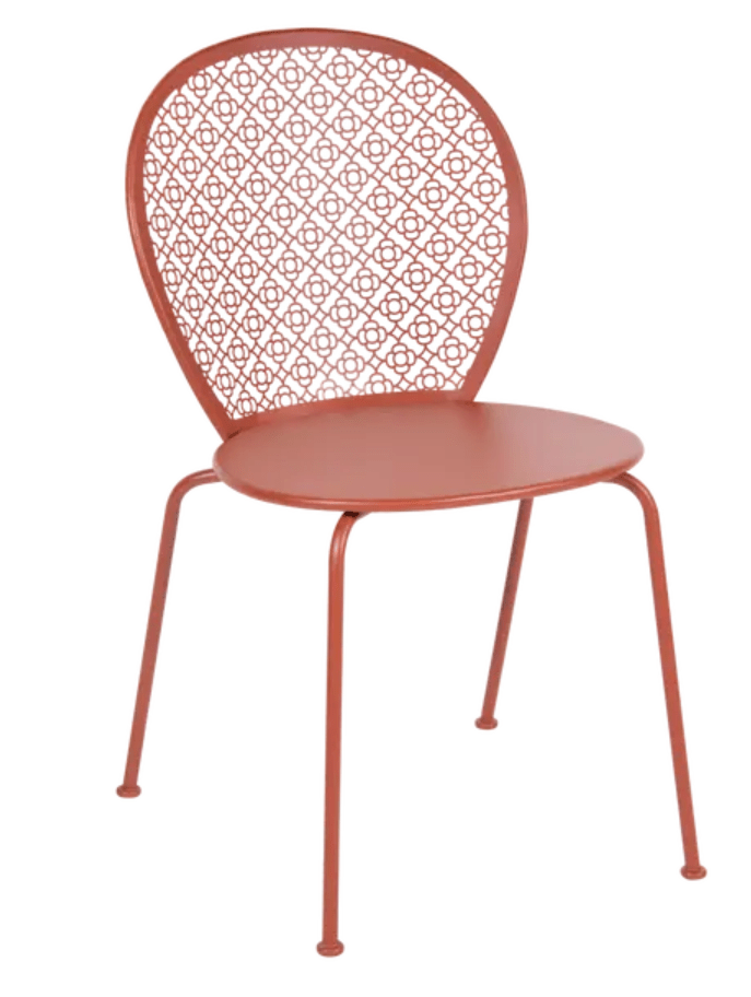 Load image into Gallery viewer, Red Ochre Fermob Lorette metal outdoor chair with a colorful finish, designed for stylish outdoor seating.
