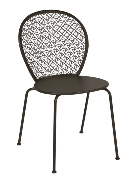 Colorful Fermob Lorette metal outdoor chair with curved armrests and slatted seat, ideal for garden or patio seating.