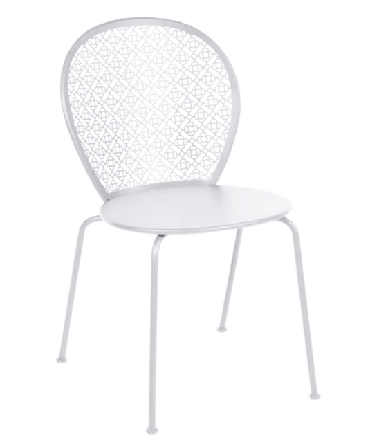 White Fermob Lorette metal outdoor chair with a sleek design, perfect for garden or patio seating.