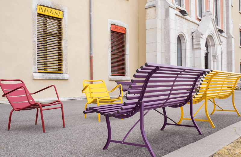 Load image into Gallery viewer, Louisiane 150cm Outdoor Bench - Custom Wood DesignsFermob Louisiane outdoor folding bench with steel frame, designed for garden or patio seating, in a natural setting.Folding Bench Fermob5003.0Willow Green
