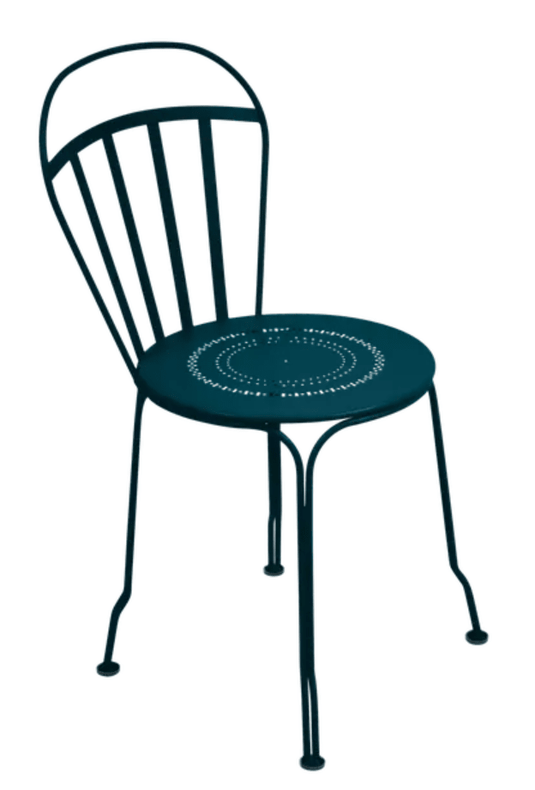 Fermob Louvre outdoor chair in Acapulco Blue with woven seat and metal frame, ideal for garden or patio relaxation.
