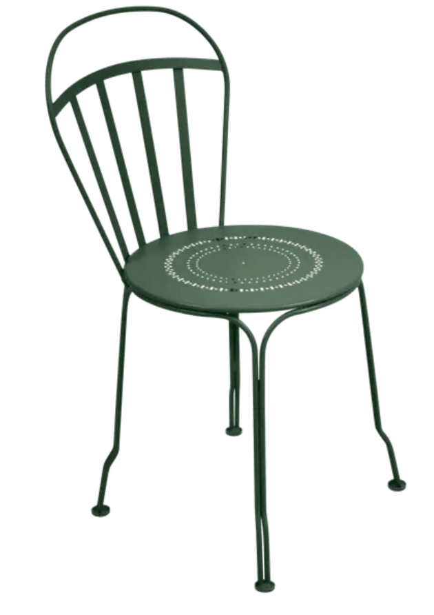 Load image into Gallery viewer, Cedar green Fermob Louvre outdoor chair with slatted seat and backrest, metal frame, suitable for garden or patio use.
