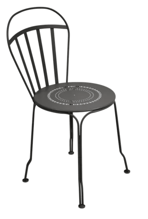 Load image into Gallery viewer, Fermob Liquorice Louvre outdoor chair with curved metal design and armrests, perfect for garden or patio seating.
