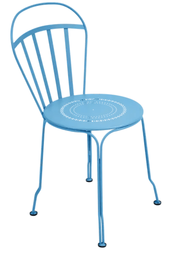 Load image into Gallery viewer, Fermob MayaBlue Louvre outdoor chair with sleek metal design, ideal for garden or patio seating.
