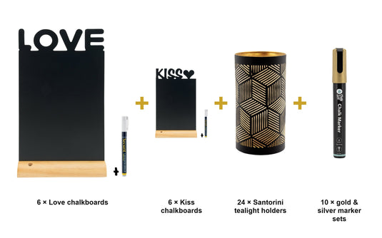 Love & Candlelight Party Set - Love & Kiss Chalkboards + 24 Santorini Black & Gold Tealight Holders + Gold & Silver Markers - what is in the set
