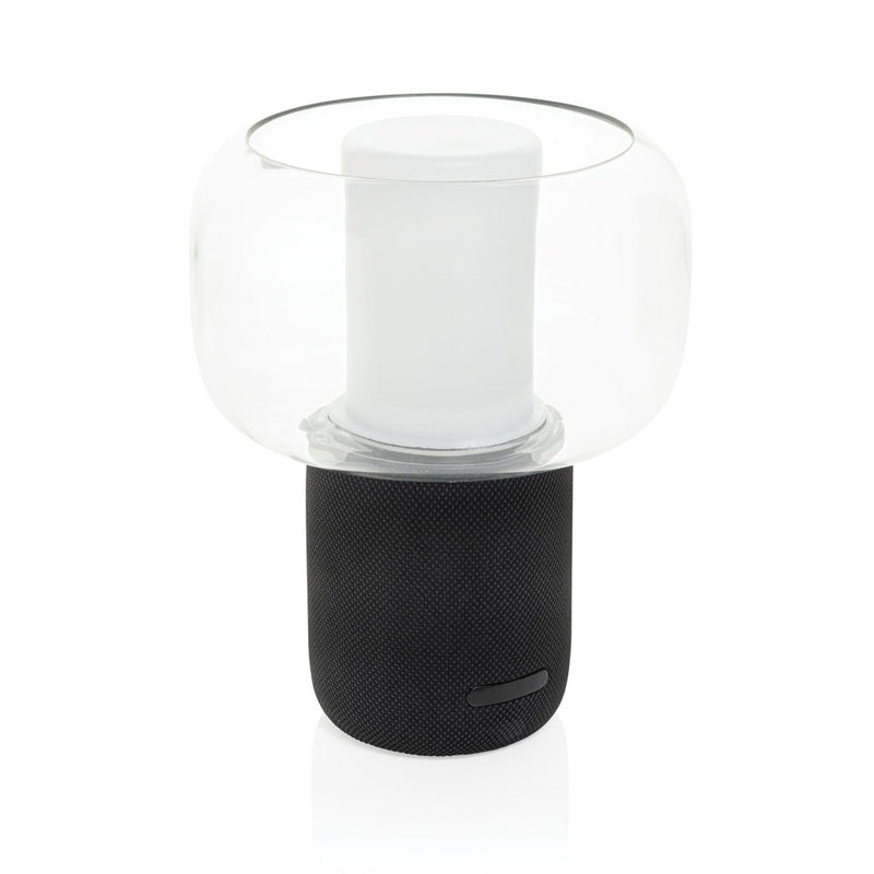 Load image into Gallery viewer, XD Xclusive Lux RCS recycled plastic 10W speaker lamp with custom wood design, black recycled ABS material, sleek audio device.
