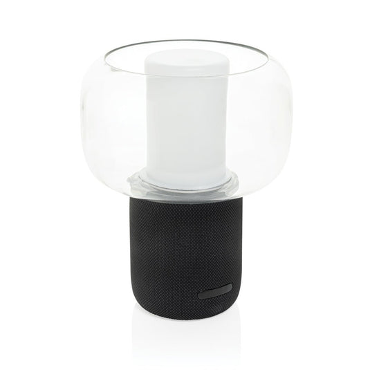 XD Xclusive Lux RCS recycled plastic 10W speaker lamp with custom wood design, black recycled ABS material, sleek audio device.
