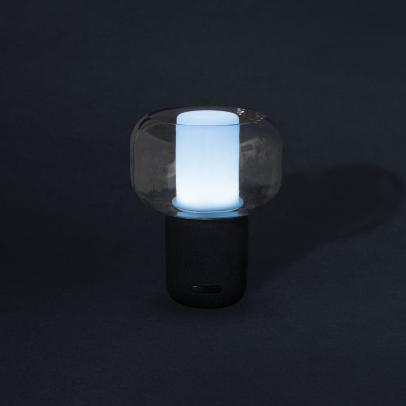 Load image into Gallery viewer, XD Xclusive Lux RCS recycled plastic 10W speaker lamp with custom wood design, blending modern audio with stylish decor.

