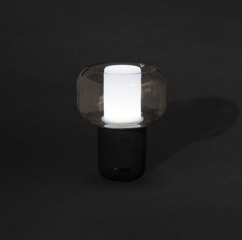 Load image into Gallery viewer, XD Xclusive Lux RCS recycled plastic 10W speaker lamp with custom wood design, combining audio functionality and stylish decor.
