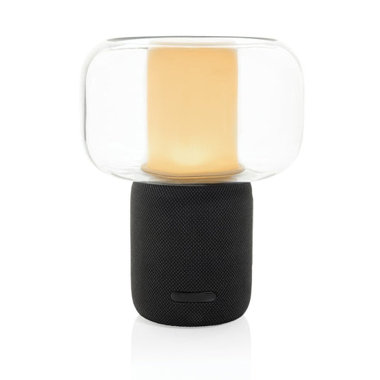 XD Xclusive Lux RCS recycled plastic 10W speaker lamp with custom wood design and black recycled ABS, blending audio and lighting.