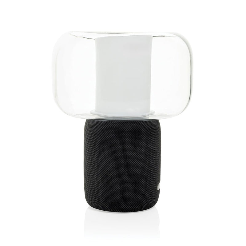 Load image into Gallery viewer, XD Xclusive Lux RCS recycled plastic 10W speaker lamp with custom wood design, black audio device with integrated lighting.

