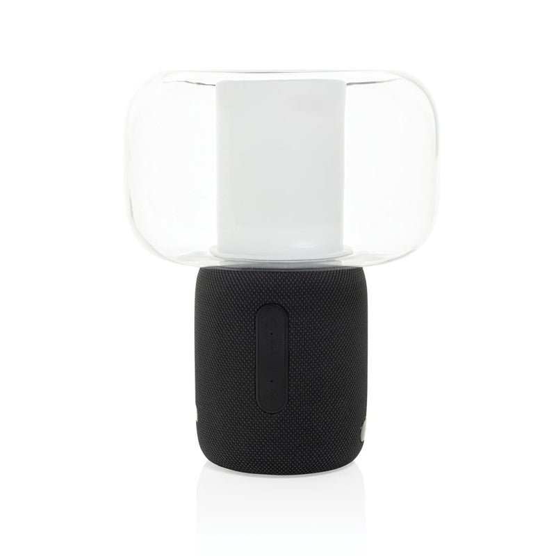 Load image into Gallery viewer, XD Xclusive Lux RCS recycled plastic 10W speaker lamp featuring a custom wood design and black recycled ABS material.
