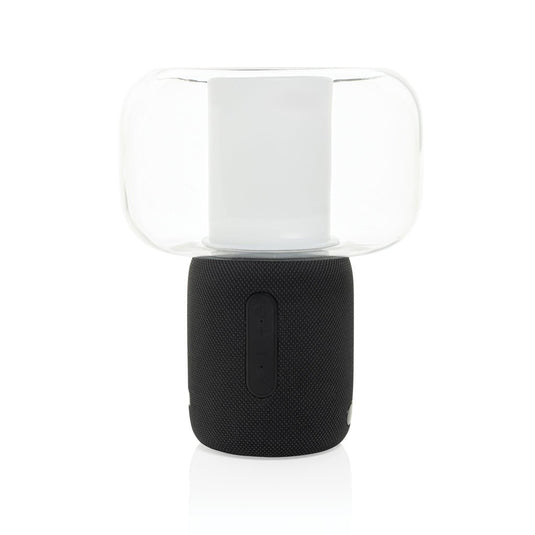 XD Xclusive Lux RCS recycled plastic 10W speaker lamp featuring a custom wood design and black recycled ABS material.