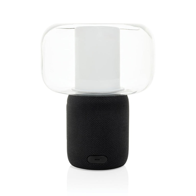 Load image into Gallery viewer, XD Xclusive Lux RCS recycled plastic 10W speaker lamp with custom wood design, featuring a black recycled ABS exterior and integrated audio.
