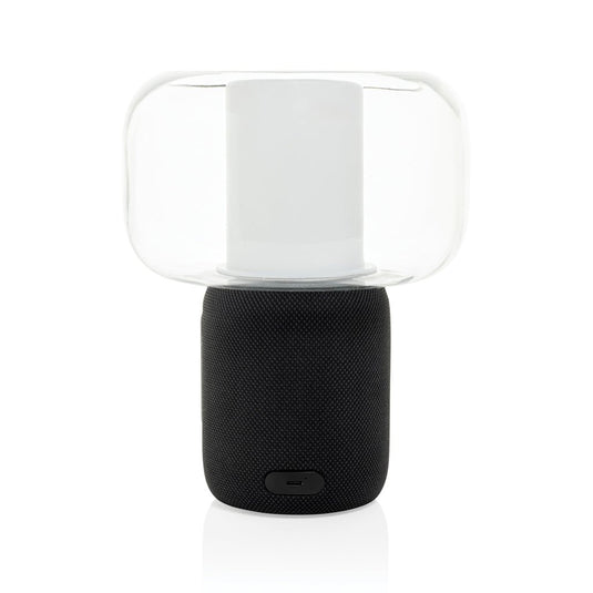 XD Xclusive Lux RCS recycled plastic 10W speaker lamp with custom wood design, featuring a black recycled ABS exterior and integrated audio.