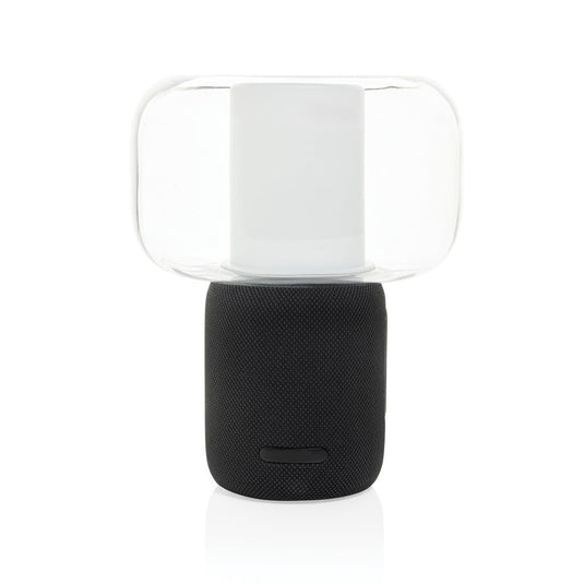 XD Xclusive Lux RCS recycled plastic 10W speaker lamp with custom wood design, black recycled ABS material, featuring integrated audio.