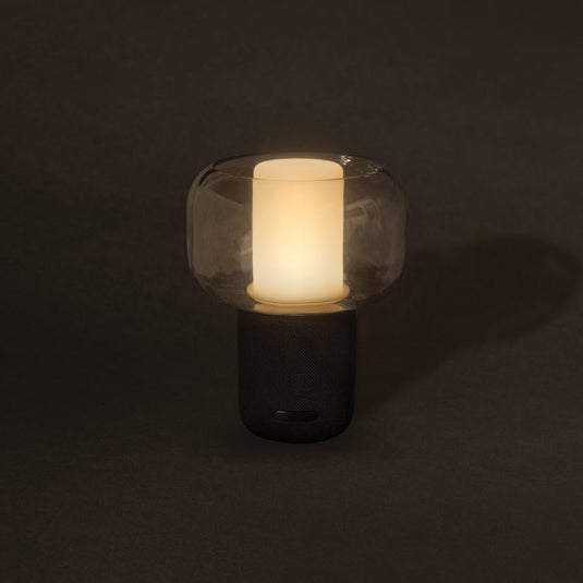 XD Xclusive Lux RCS recycled plastic 10W speaker lamp with custom wood design, black audio lamp and speaker combo.