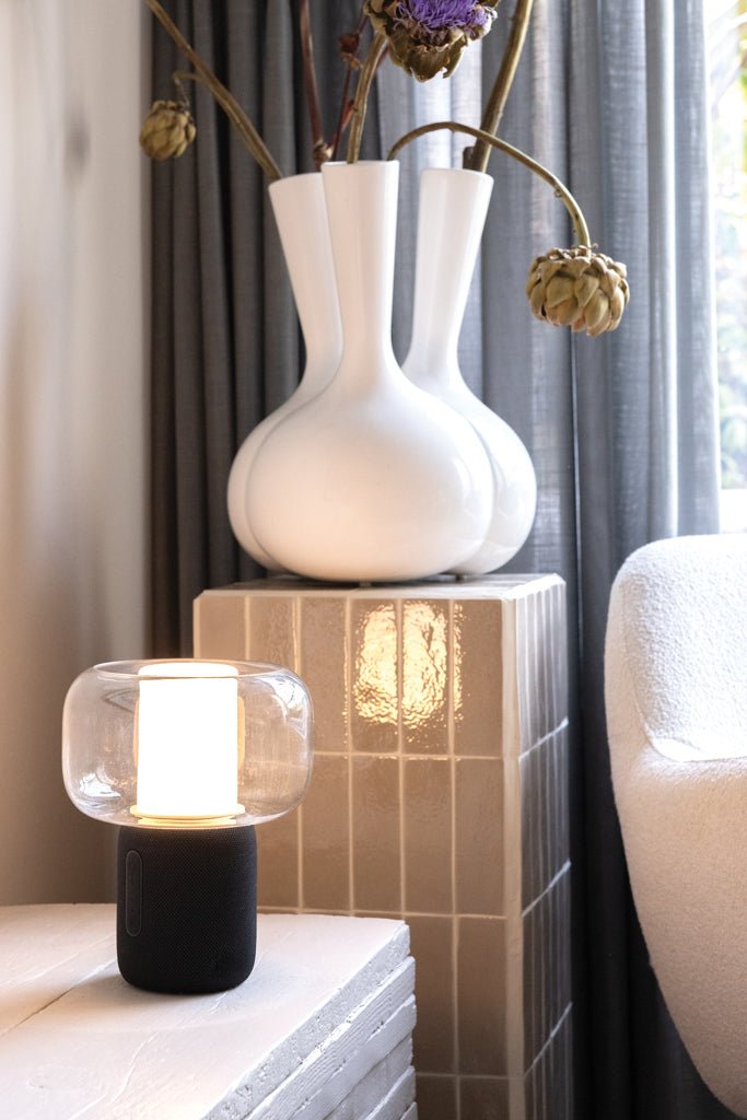 Load image into Gallery viewer, XD Xclusive Lux RCS recycled plastic 10W speaker lamp with custom wood design, showcasing its sleek black audio and lighting features.
