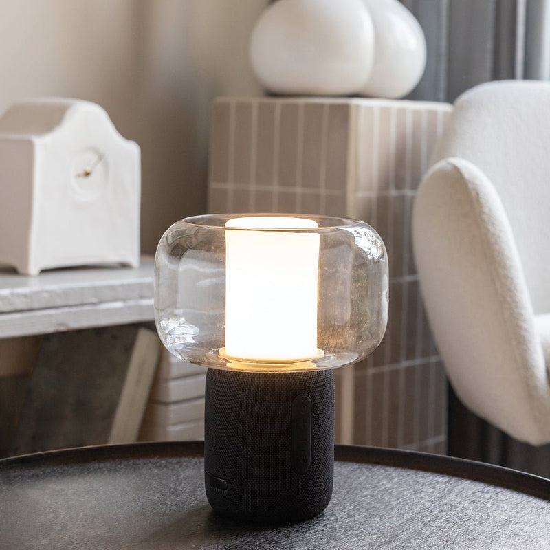 Load image into Gallery viewer, XD Xclusive Lux RCS recycled plastic 10W speaker lamp with custom wood design, black recycled ABS material, and integrated audio functionality
