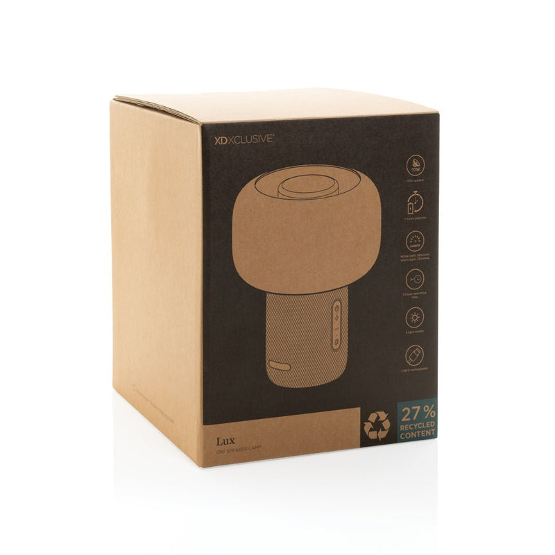 Load image into Gallery viewer, XD Xclusive Lux RCS recycled plastic 10W speaker lamp with custom wood design, black audio device with integrated speaker and lighting.
