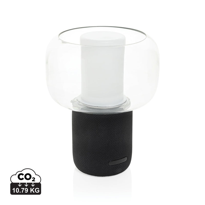 Load image into Gallery viewer, XD Xclusive Lux RCS recycled plastic 10W speaker lamp with custom wood design, combines modern audio and lighting in a sleek black finish.
