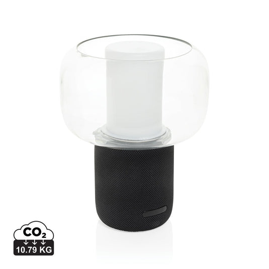 XD Xclusive Lux RCS recycled plastic 10W speaker lamp with custom wood design, combines modern audio and lighting in a sleek black finish.