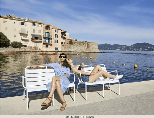 Luxembourg Duo Low Armchair by Fermob, outdoor metal bench with a modern design, ideal for outdoor seating and patio areas.