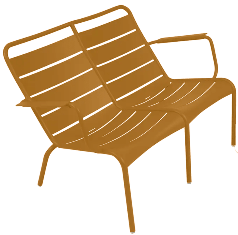 Load image into Gallery viewer, Fermob Luxembourg Duo Low Armchair with gingerbread-colored wooden seats and black metal frame, designed for kids' corner or contract use.
