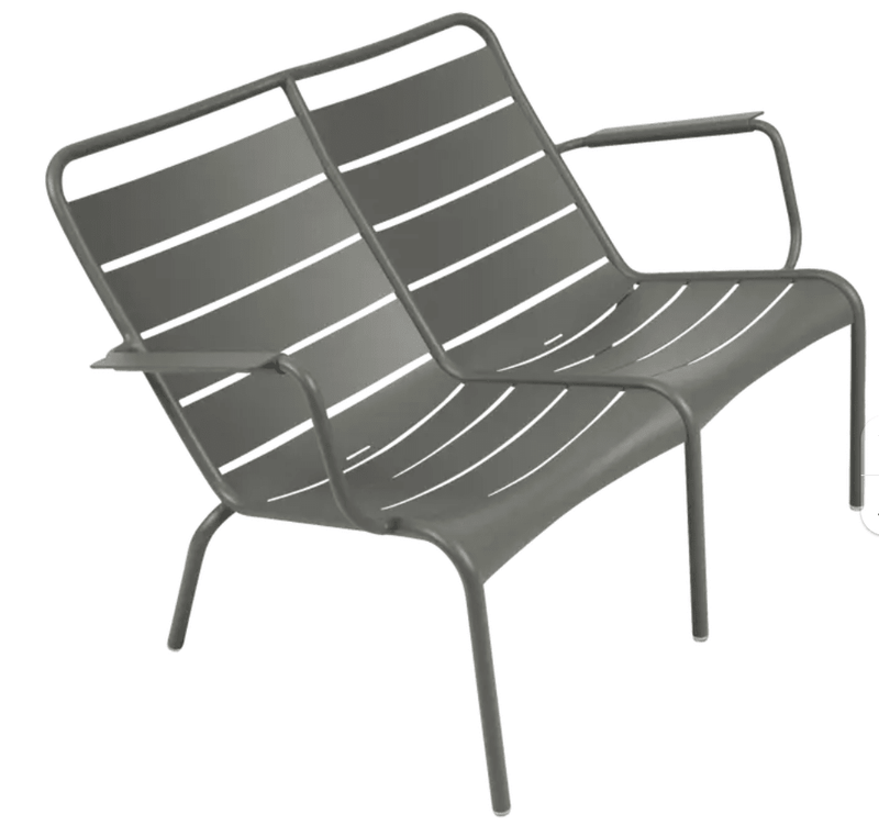 Load image into Gallery viewer, Fermob Luxembourg Duo Low Armchair and Fermb Kids Corner Contract Bench in natural wood finish, stylish outdoor furniture set
