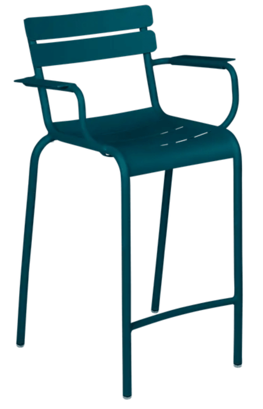Luxembourg high bar armchair by Fermob in Acapulco Blue, featuring a stylish metal frame and cushioned seat for modern outdoor seating.