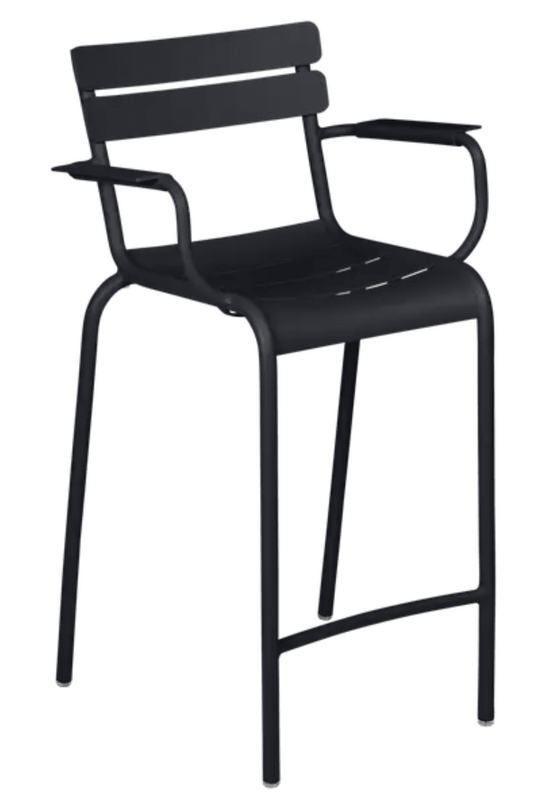 Luxembourg high bar armchair by Fermob in anthracite color, featuring a sleek metal design and high armrests.
