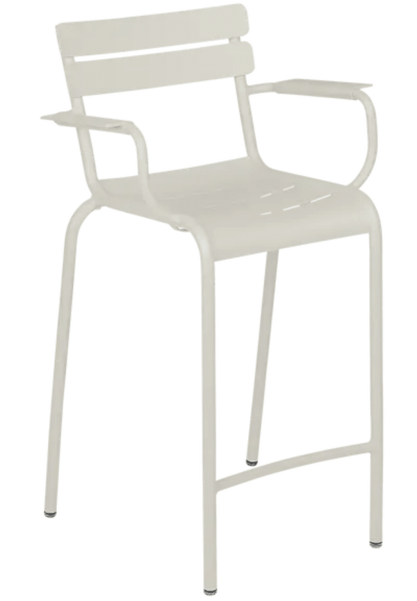 Load image into Gallery viewer, Fermob Luxembourg high armchair bar chair in Cley Grey with high armrests, modern design, and sturdy metal frame.
