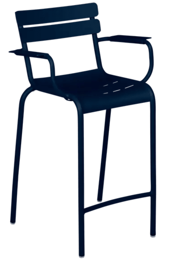 Load image into Gallery viewer, Deep blue Fermob Luxembourg high bar armchair with a sleek design, featuring a high back and armrests for comfortable seating.
